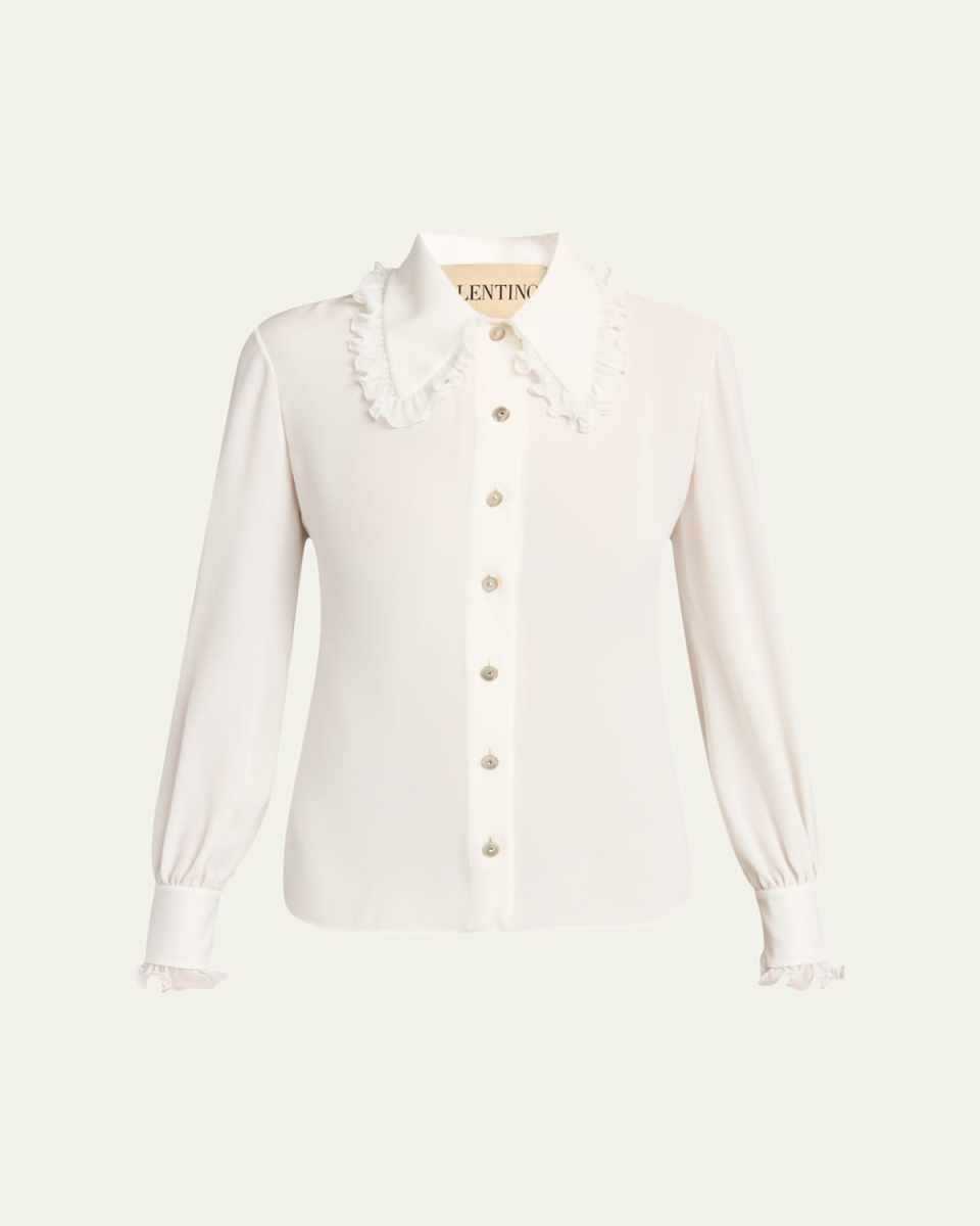 Ruffle-Trim Silk Button Blouse